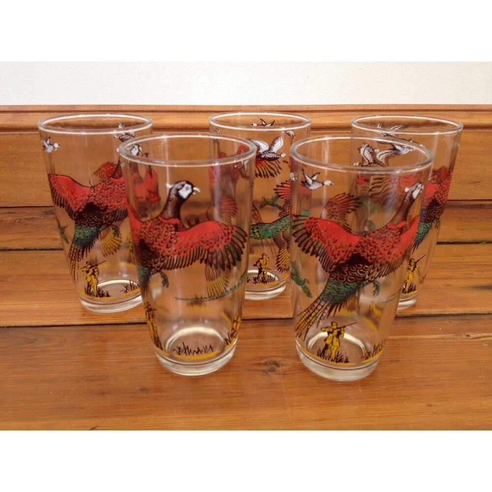 Vtg 5 High Ball Fowl Hunter Drink Glasses Ring-Necked Pheasant Duck Hunting 5.5"
